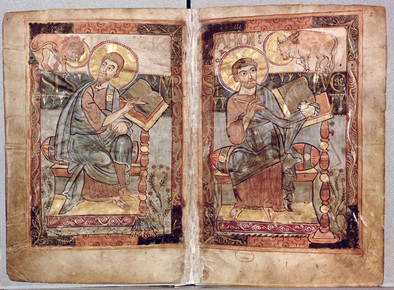 NAL 1203 fol.1v-2圣马克和圣卢克，来自Godescale Gospel，c.1781-783 作者 加洛林学校