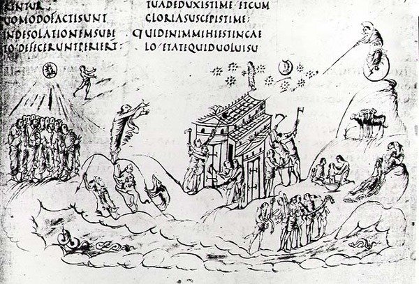 各种场景说明诗篇之一，来自Utrecht Psalter，现在在乌得勒支大学图书馆（笔墨）的兰斯原版 作者 加洛林学校