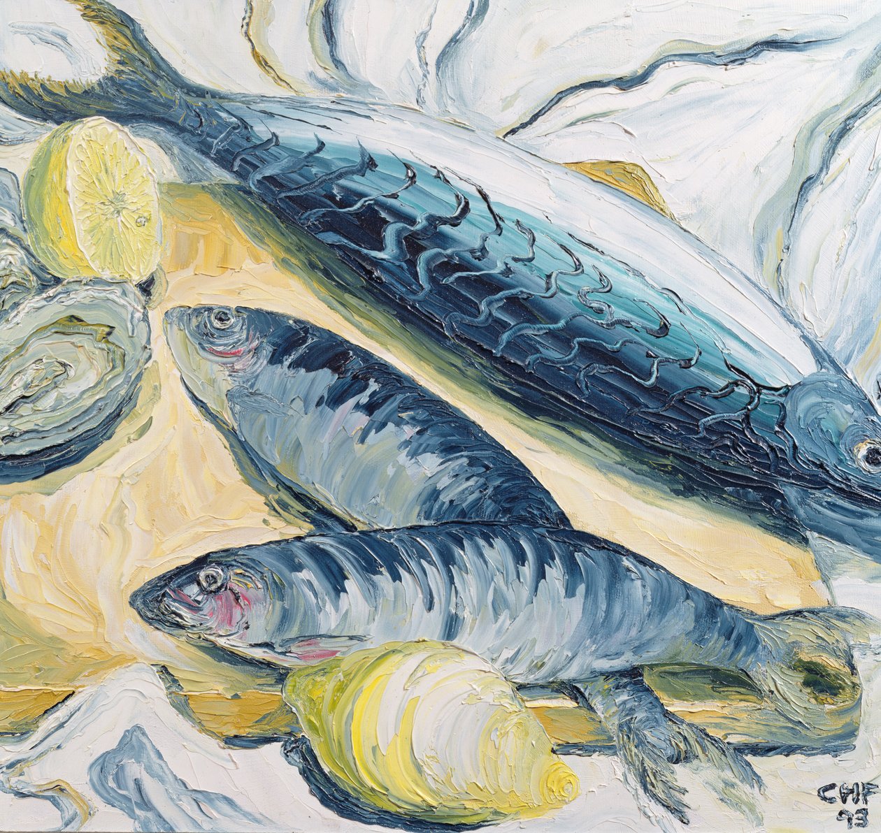 鲭鱼与牡蛎和柠檬，1993年（纸上油） 作者 卡罗琳·哈伯德·福特