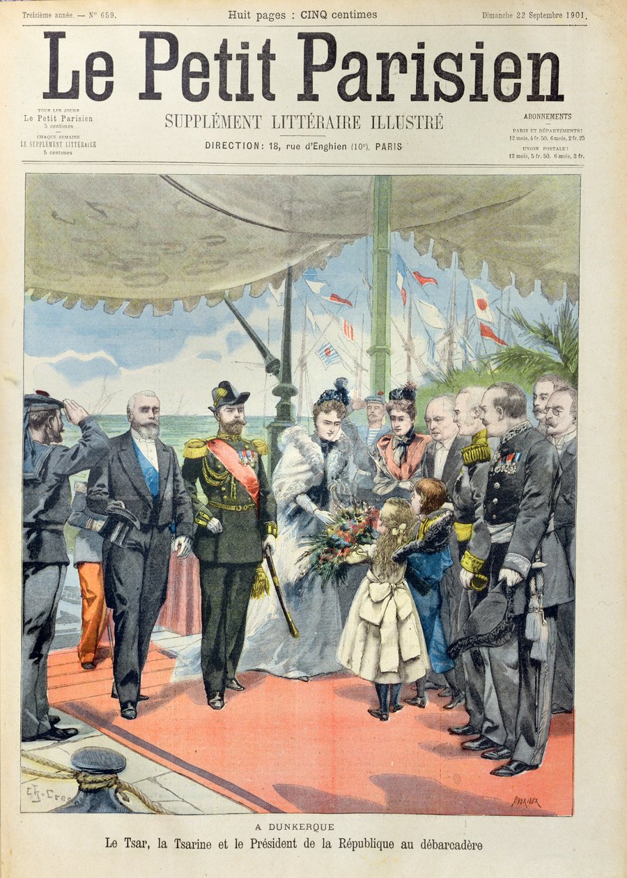 Tsar Nicolas II和他的妻子Tsarina Alexandra受到Loubet总统在敦刻尔克的欢迎，1901年9月22日“Le Petit Parisien”封面 作者 卡瑞