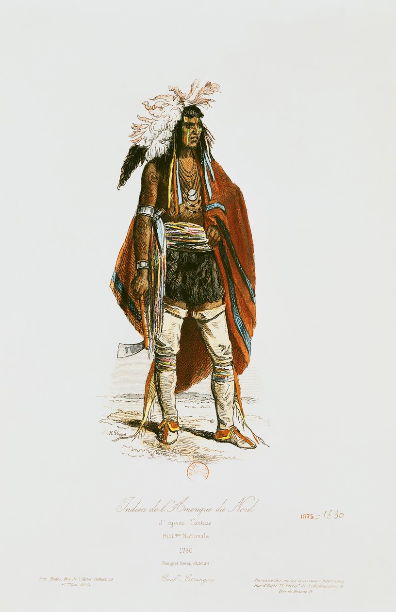 北美印第安人，来自&39;Modes et Costumes Historiques&39;，由Hippolyte Louis Pauquet（1797-p.1862）1862年刻 作者 卡蒂亚斯