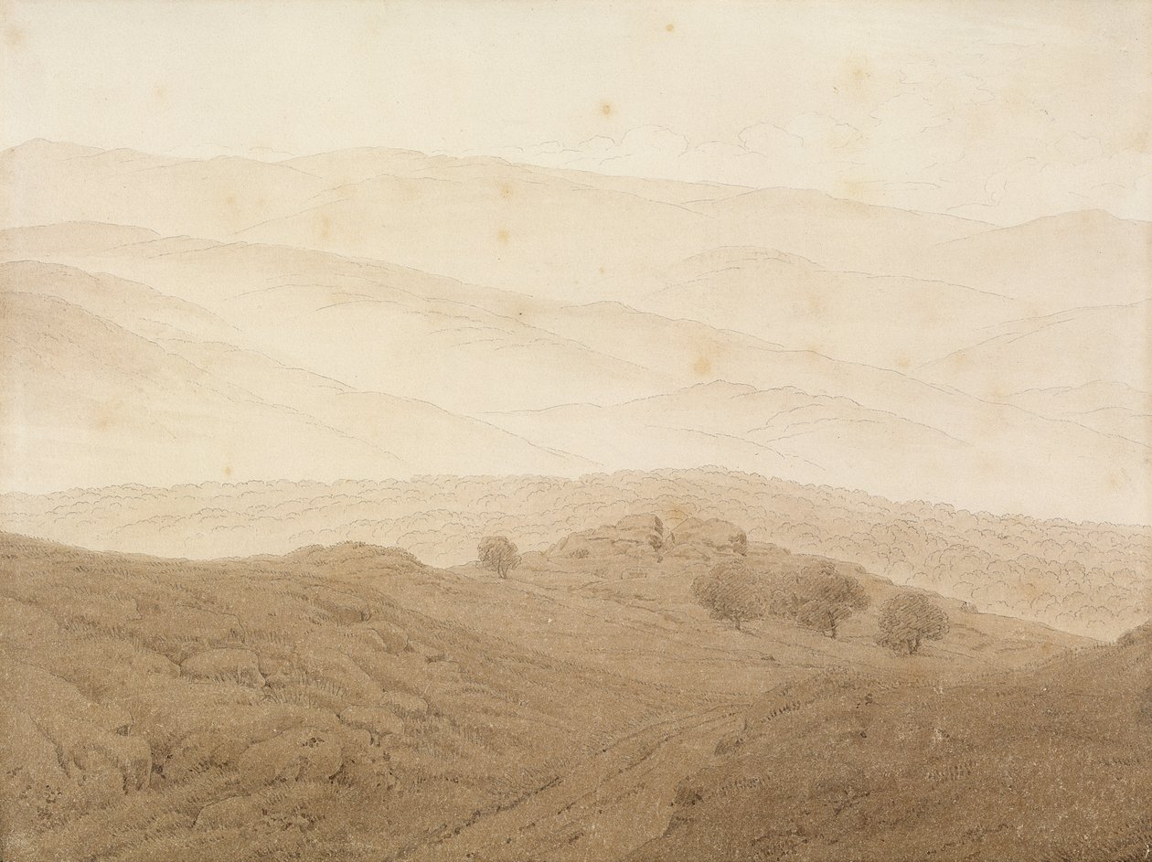 Teplitz附近的山地景观（石墨和洗） 作者 卡斯珀·大卫·弗里德里希（Caspar David Friedrich）