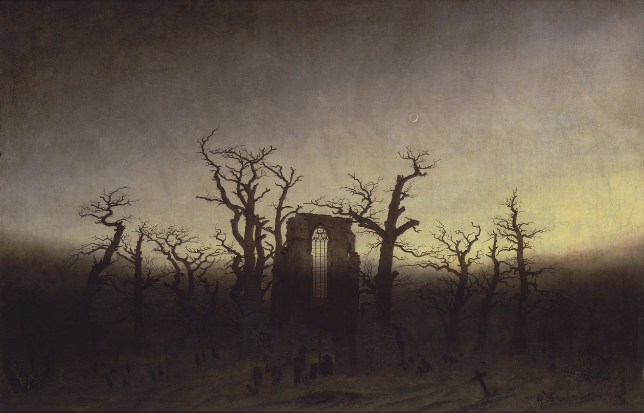 橡树中的修道院，约1809年 作者 卡斯珀·大卫·弗里德里希（Caspar David Friedrich）