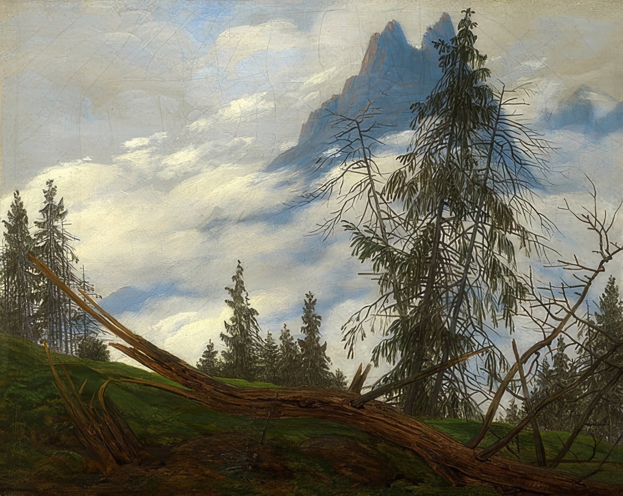 与移动的云层的山峰。约于1835年 作者 卡斯珀·大卫·弗里德里希（Caspar David Friedrich）