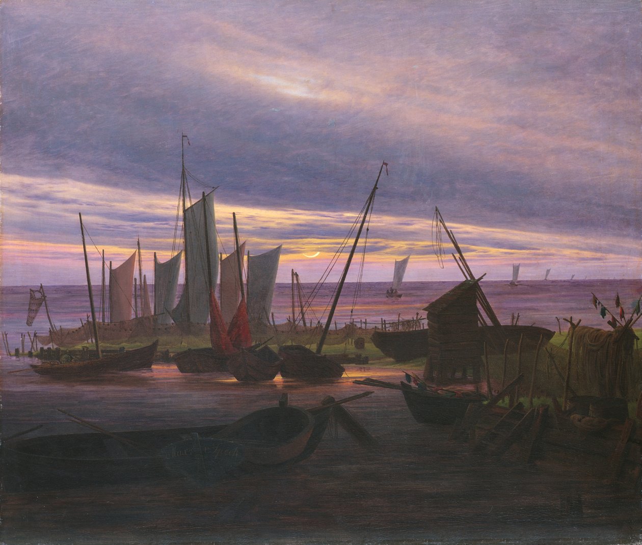 晚上在港口的船c。 1828 作者 卡斯珀·大卫·弗里德里希（Caspar David Friedrich）