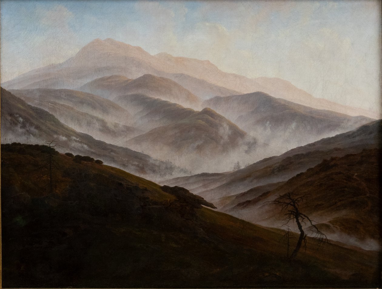德语： Riesengebirgslandschaft mit aufsteigendem Nebel 巨大的山脉与升腾的雾气景观 作者 卡斯珀·大卫·弗里德里希（Caspar David Friedrich）