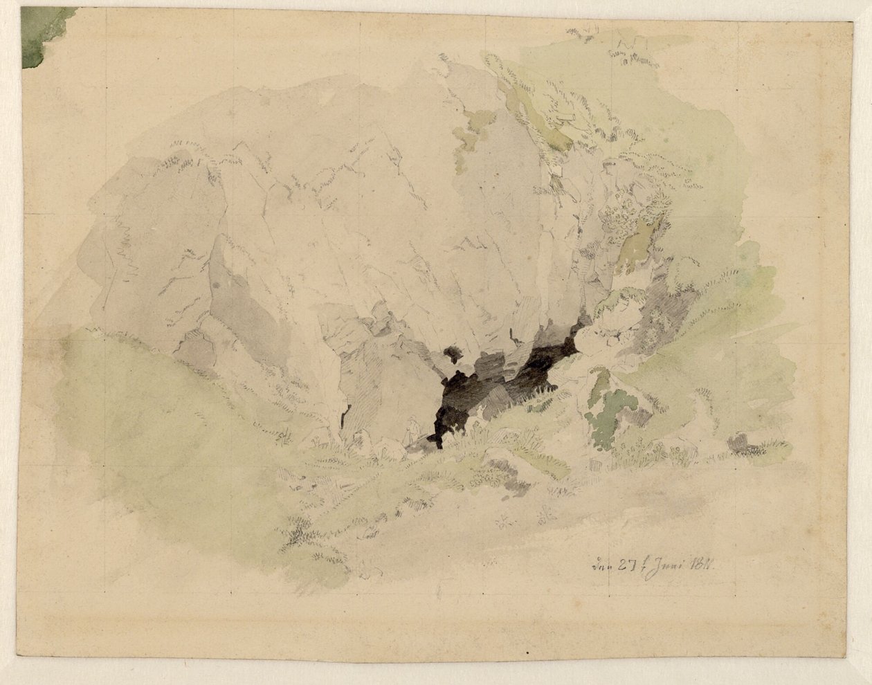 德语： Studie zur "Felsenschlucht" mit zwei kleinen Figuren am Höhleneingang 关于 "Felsenschlucht"（字面意思：岩石峡谷）的研究，洞口有两个小雕像 作者 卡斯珀·大卫·弗里德里希（Caspar David Friedrich）