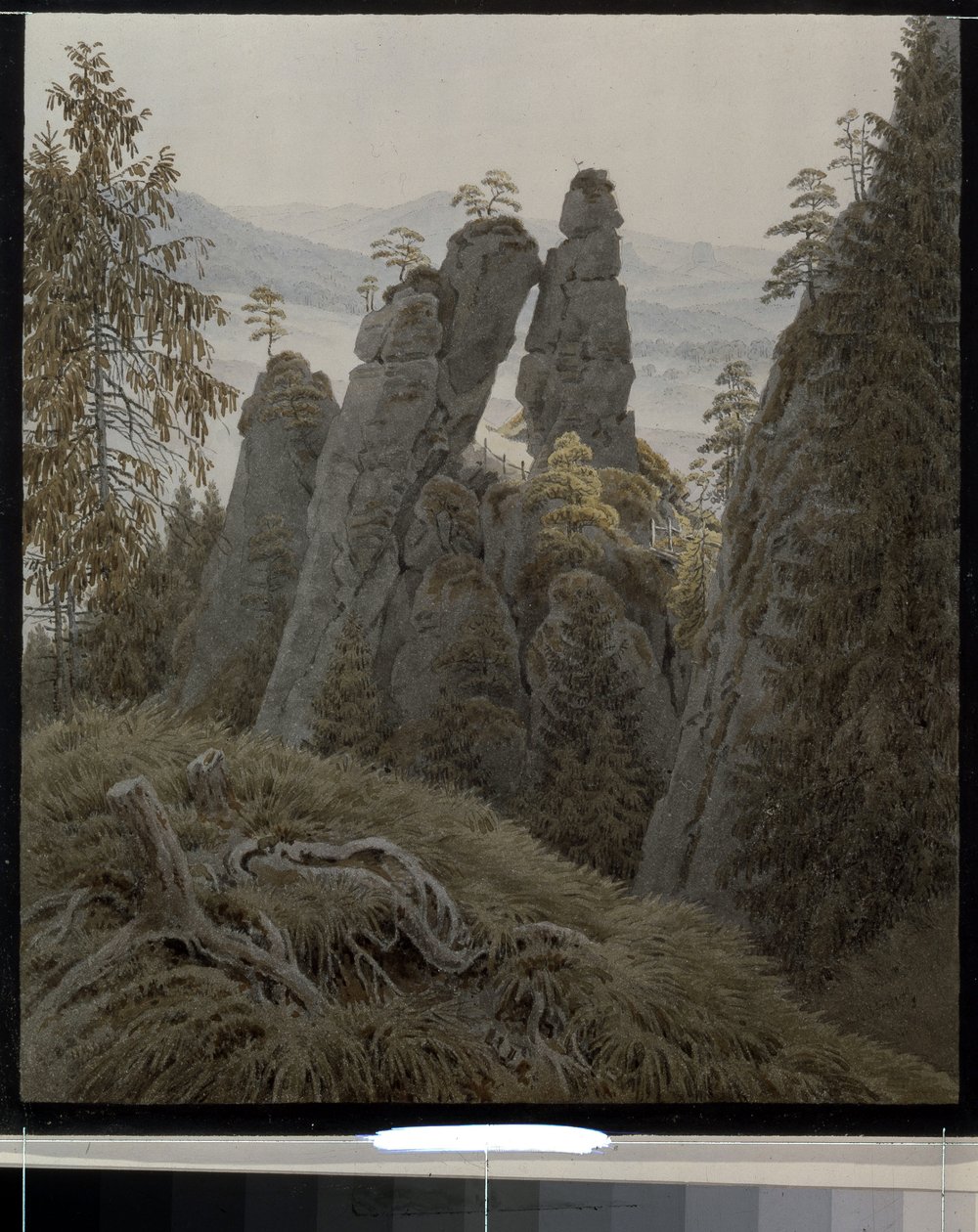 德国 Neurathen 的岩石之门。(Neurathen 的石门）。卡斯帕尔-大卫-弗里德里希（Caspar David Friedrich，1774-1840 年）的作品，纸上水彩画，创作于 1826 至 1828 年间。19 世纪德国艺术，浪漫主义。圣彼得堡国家冬宫。 作者 卡斯珀·大卫·弗里德里希（Caspar David Friedrich）