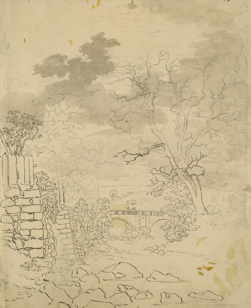 用桥流，c.1799（铅笔，钢笔和墨水在纸上） 作者 卡斯珀·大卫·弗里德里希（Caspar David Friedrich）