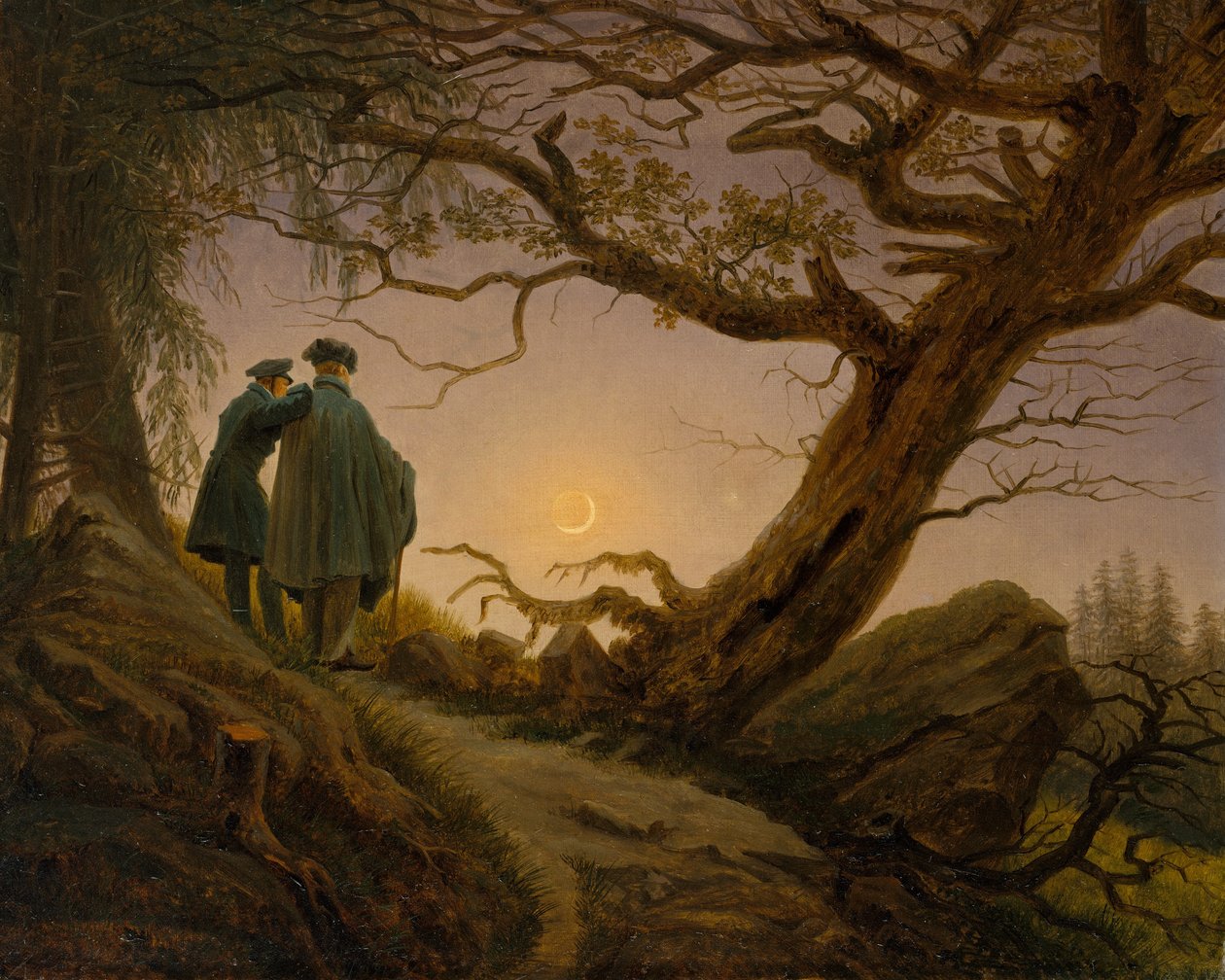 两个人沉思着月亮，约1825-30。 作者 卡斯珀·大卫·弗里德里希（Caspar David Friedrich）
