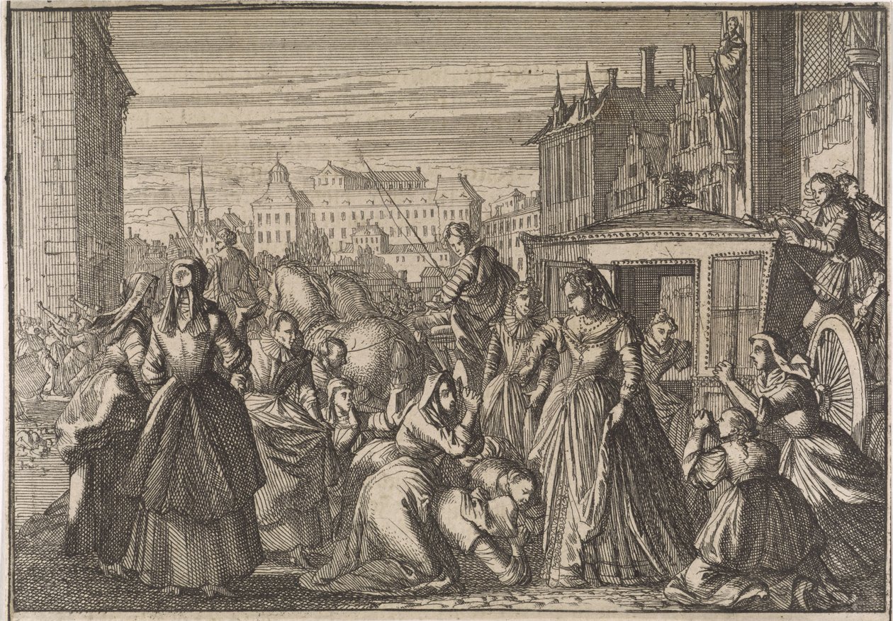 1645 年，巴黎妇女跪在安娜王后面前，乞求她降低税收 作者 Caspar Luyken（归因于）