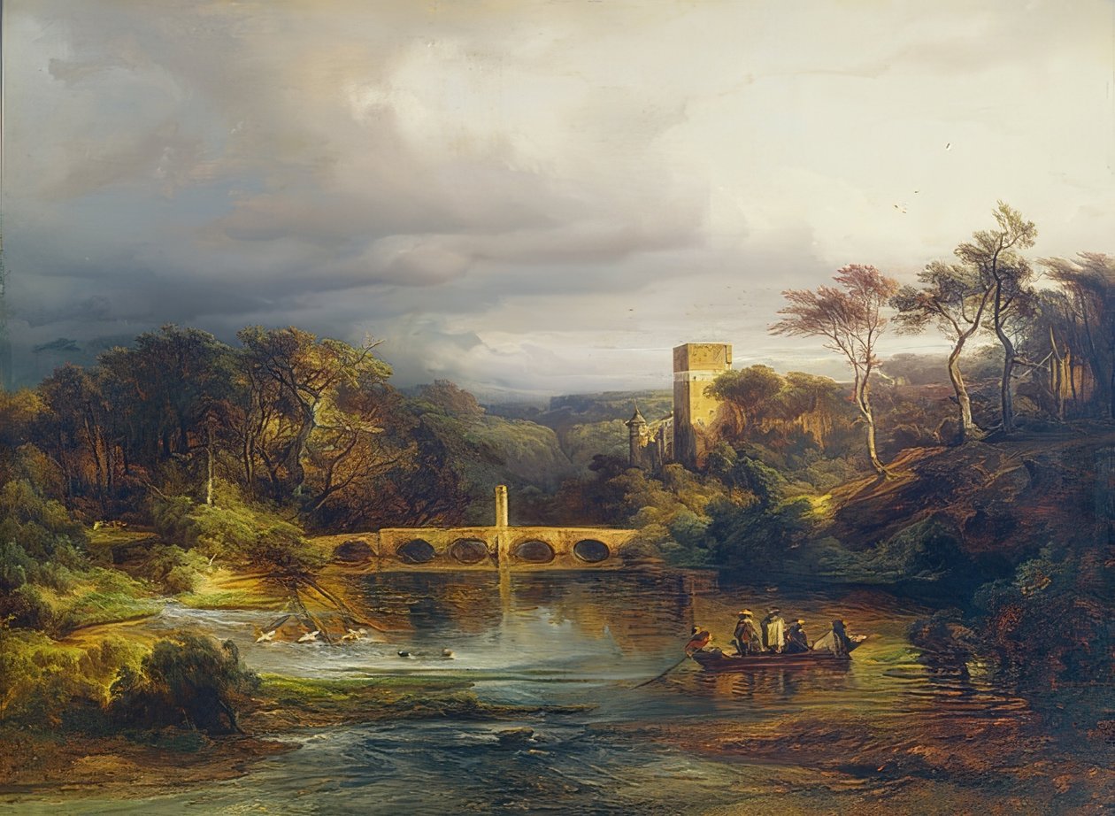 瓦尔格湖（Burg am Waldsee）与划船者和拱桥。 1846年 作者 卡斯珀·舒伦（Caspar Scheuren）