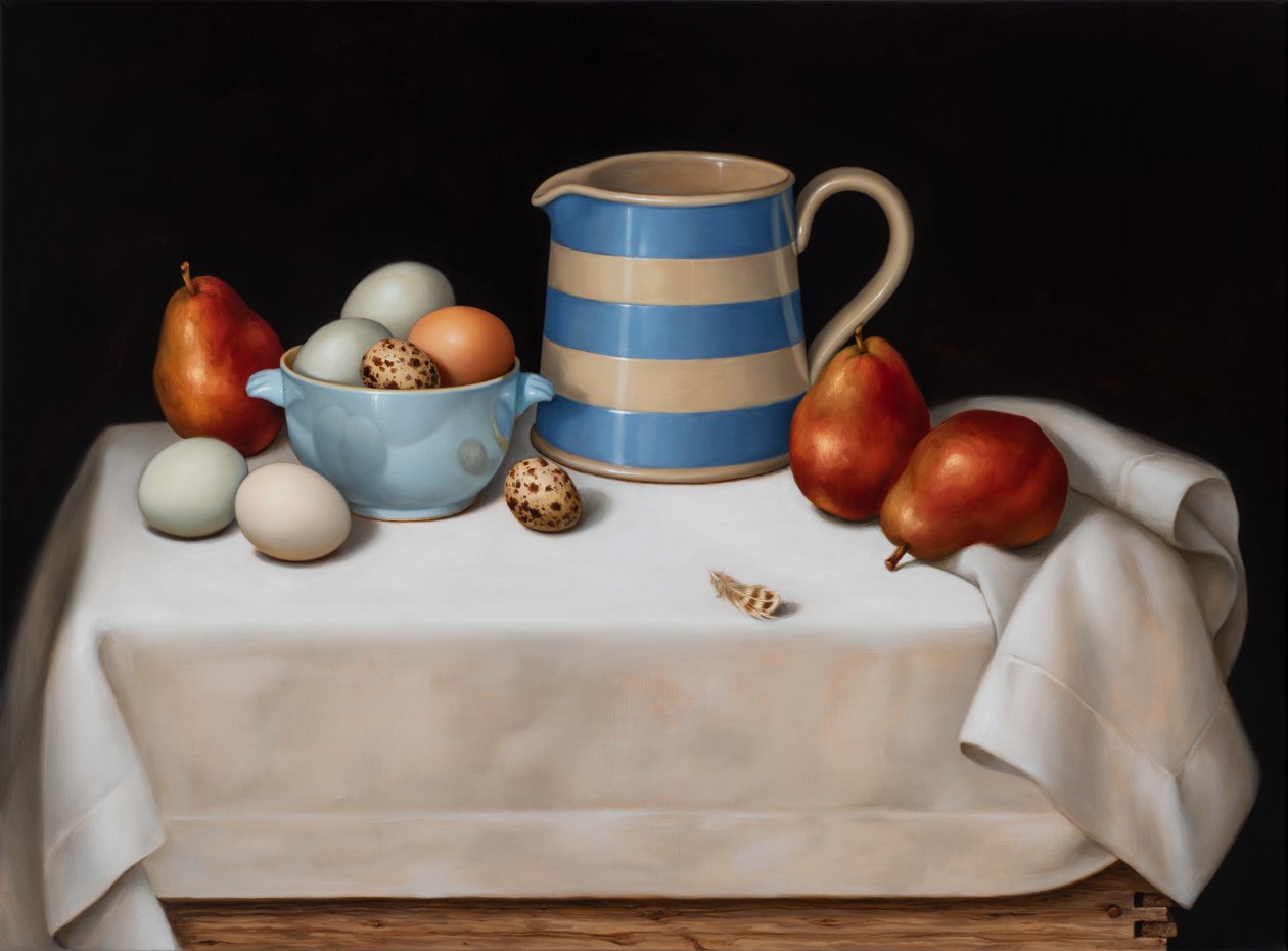 有鹌鹑羽毛的静物，2019年（亚麻布油画） 作者 凯瑟琳·亚伯