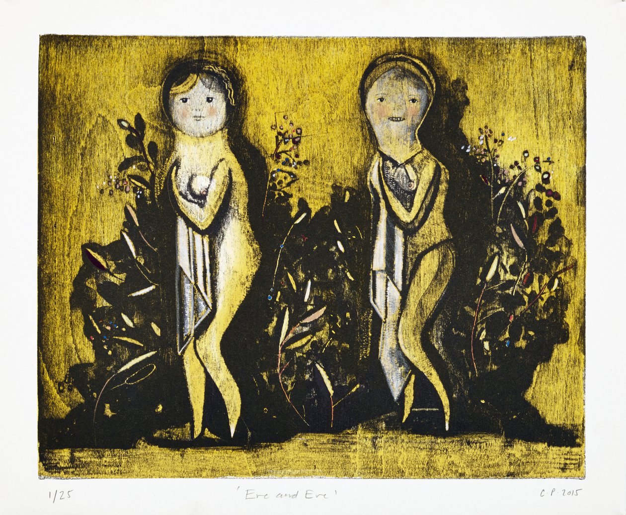 夏娃与伊娃》，2015 年（木刻版画，手工上色） 作者 凯西·皮尔金顿
