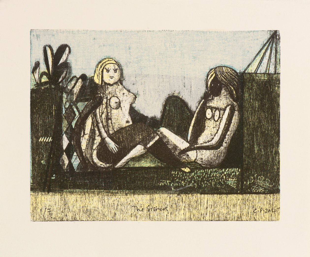 姐妹们》，2014 年（木刻版画，手工上色） 作者 凯西·皮尔金顿