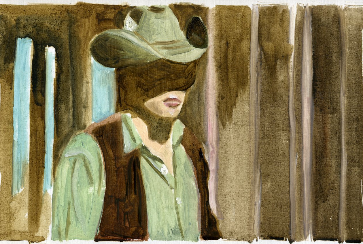 06.09.09 - 当他听说她从马背上摔下来时，他正在屋里，2009 年（纸面油画） 作者 凯茜·洛马克斯
