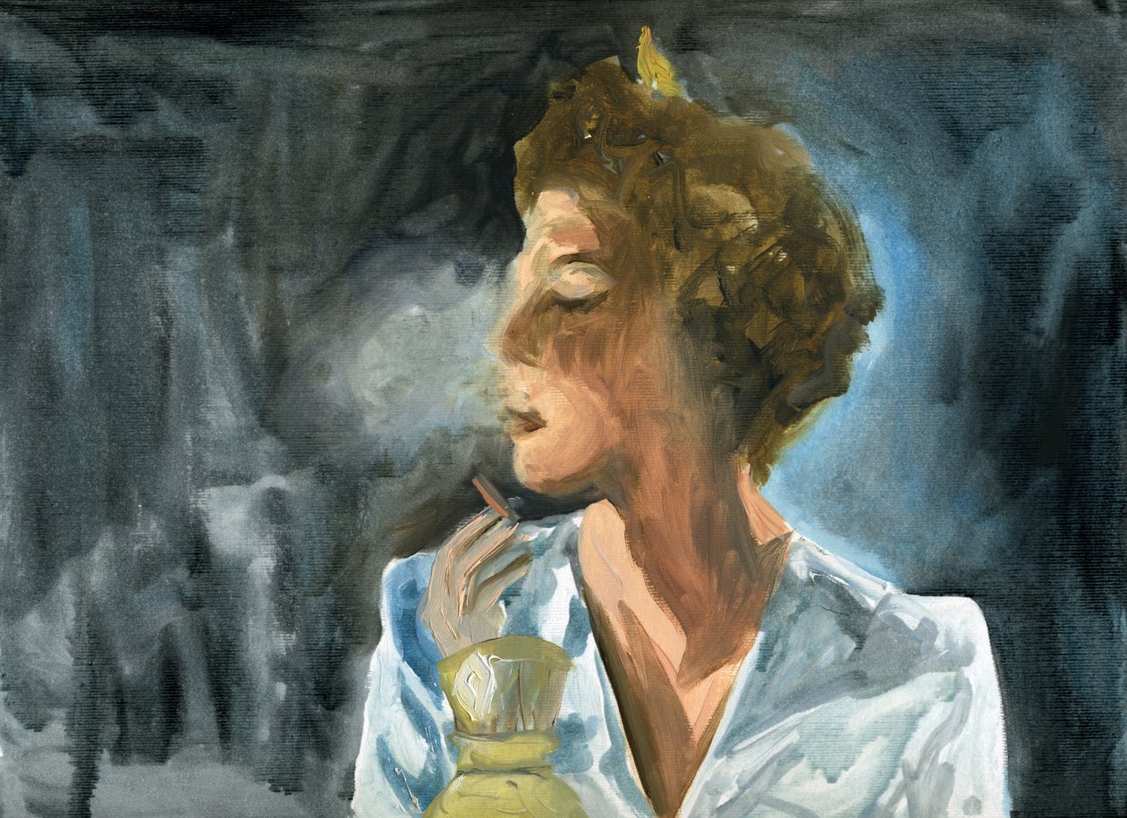 23.10.09 - 她睡前抽了最后一支烟，2009 年（纸面油画） 作者 凯茜·洛马克斯