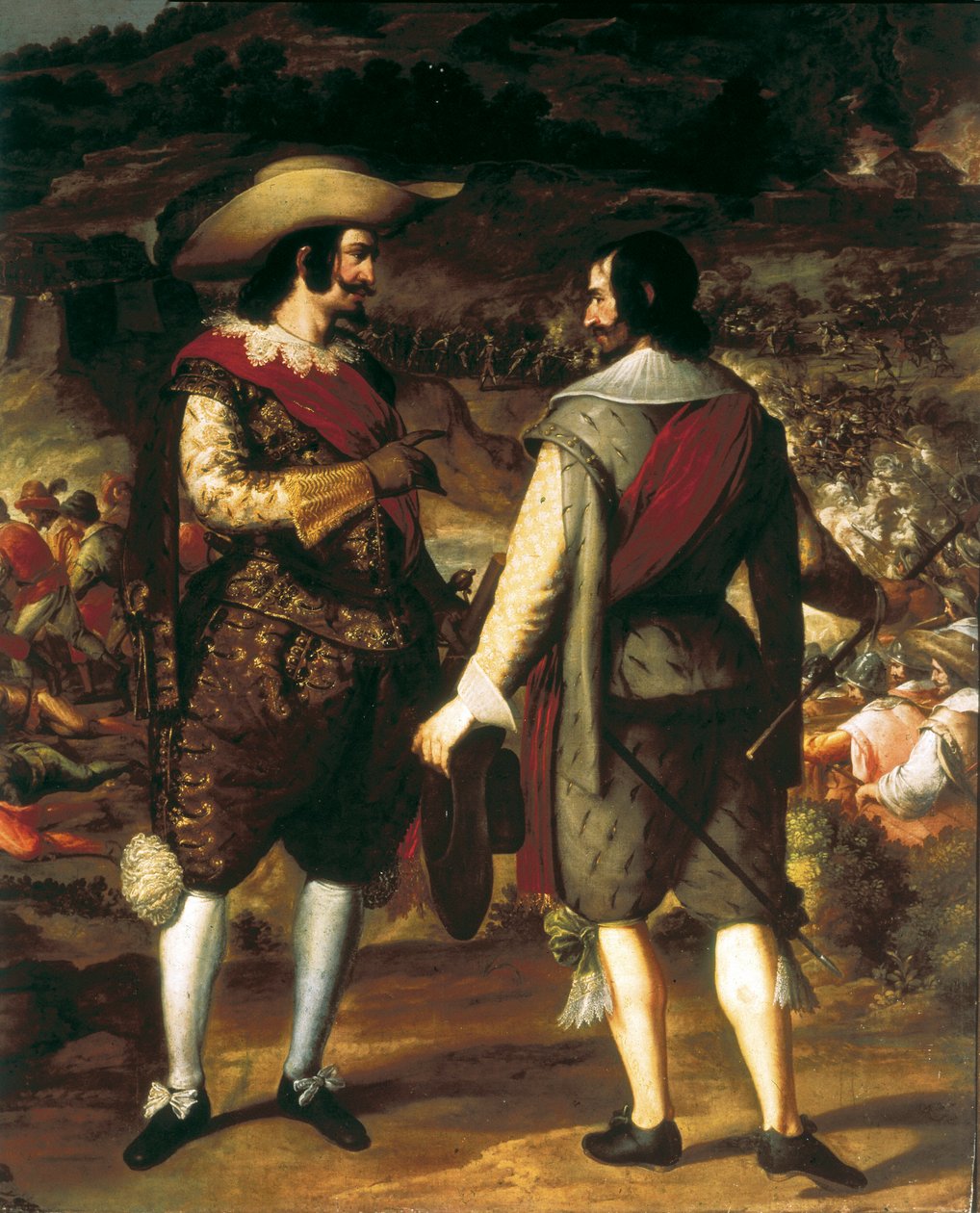 攻占波多黎各（Puerto Rico）的圣胡安（1625）。细节。在前景中，胡安-德-哈罗先生与他的助手交谈。在他身后是由西班牙人守卫的堡垒，他们迫使荷兰人离开。欧亨尼奥-卡克斯（Eugenio Caxes或Cajes）（1577-1634）的画作。 作者 Caxesi或Caxete Eugenio Caxes