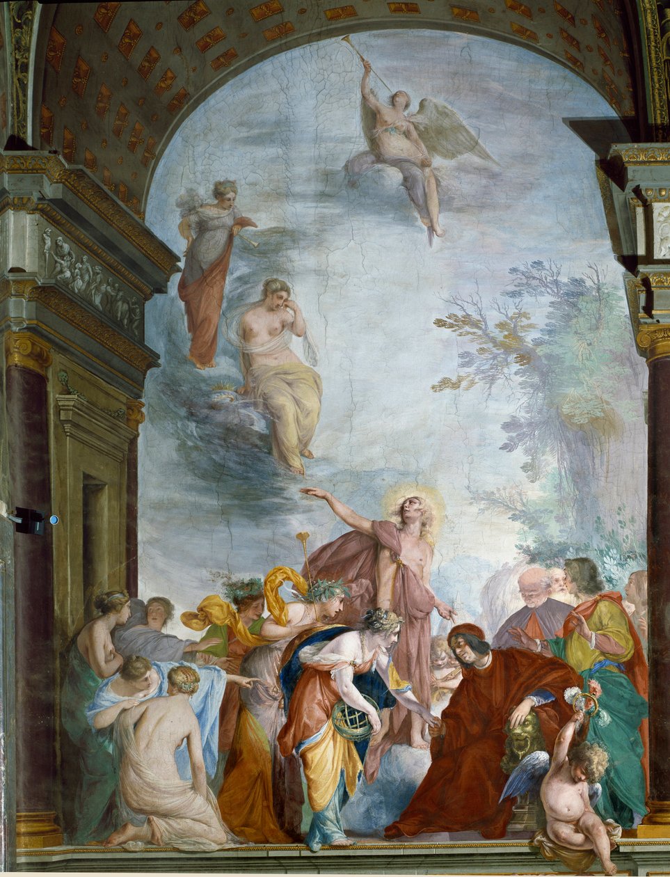 La Renommee 赞颂了 Lorenzo de Medici the Magnificent (Laurent de Medici le Magnifico)（1449-1492）Cecco Bravo 的壁画（Francesco Montelatici）（1607-1661），大约在 1635 年佛罗伦萨，Palazzo Pitti，Sala degli Argenti 作者 切科布拉沃