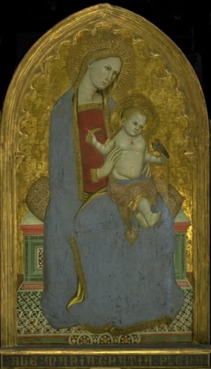 圣母和圣婴与一只金翅雀玩耍，手持一束小米 作者 Cecco di Pietro