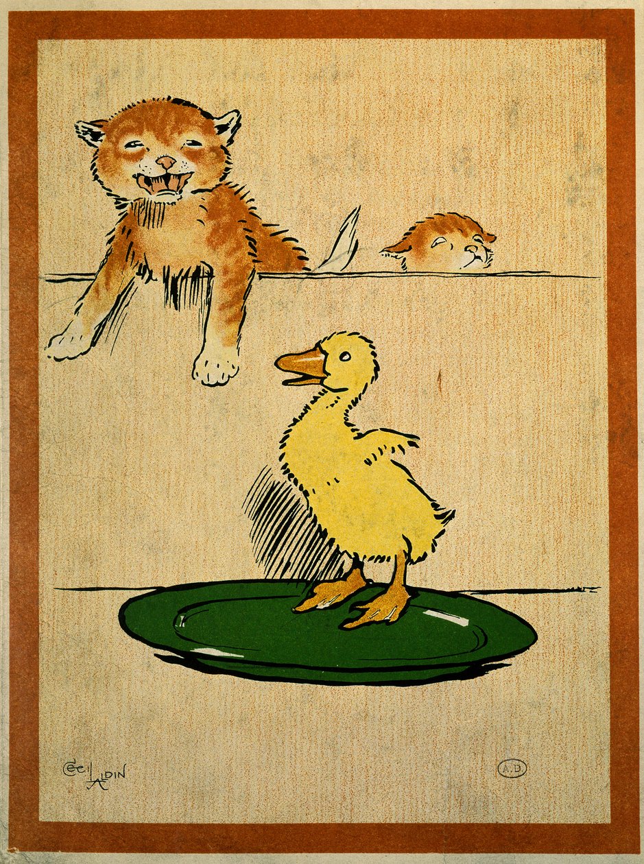 猫与鸭。 Cecil Aldin (1870-1935) 的绘画。 巴黎，装饰艺术 作者 塞西尔·查尔斯·温莎·奥尔丁