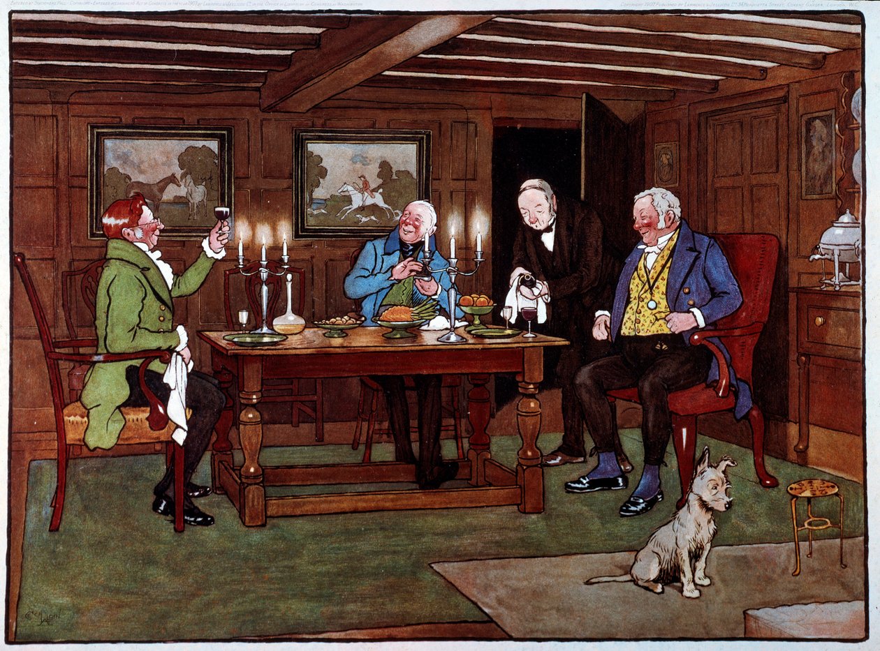 鉴赏家饮酒者享受一杯波特酒。 Cecil Aldin (1870-1935) 19 世纪私人收藏的水彩画 作者 塞西尔·查尔斯·温莎·奥尔丁