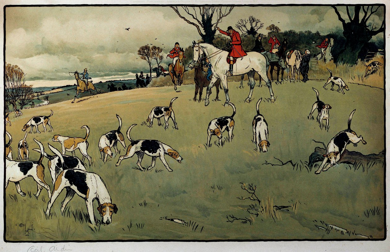 狩猎场景，塞西尔·奥尔丁（Cecil Aldin，1870-1935 年）19 世纪私人收藏的足迹水彩画 作者 塞西尔·查尔斯·温莎·奥尔丁