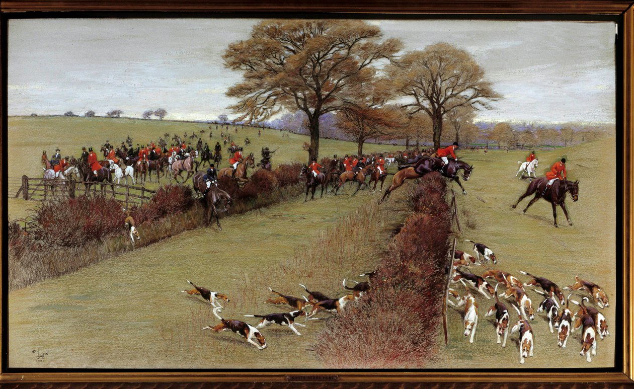 狩猎场景，船员 南伯克郡 水彩画 作者：Cecil Aldin (1870-1935) 19世纪 私人收藏 - 狩猎场景，南伯克郡的狩猎。塞西尔-奥尔丁（1870-1935）的水彩画作品 作者 塞西尔·查尔斯·温莎·奥尔丁