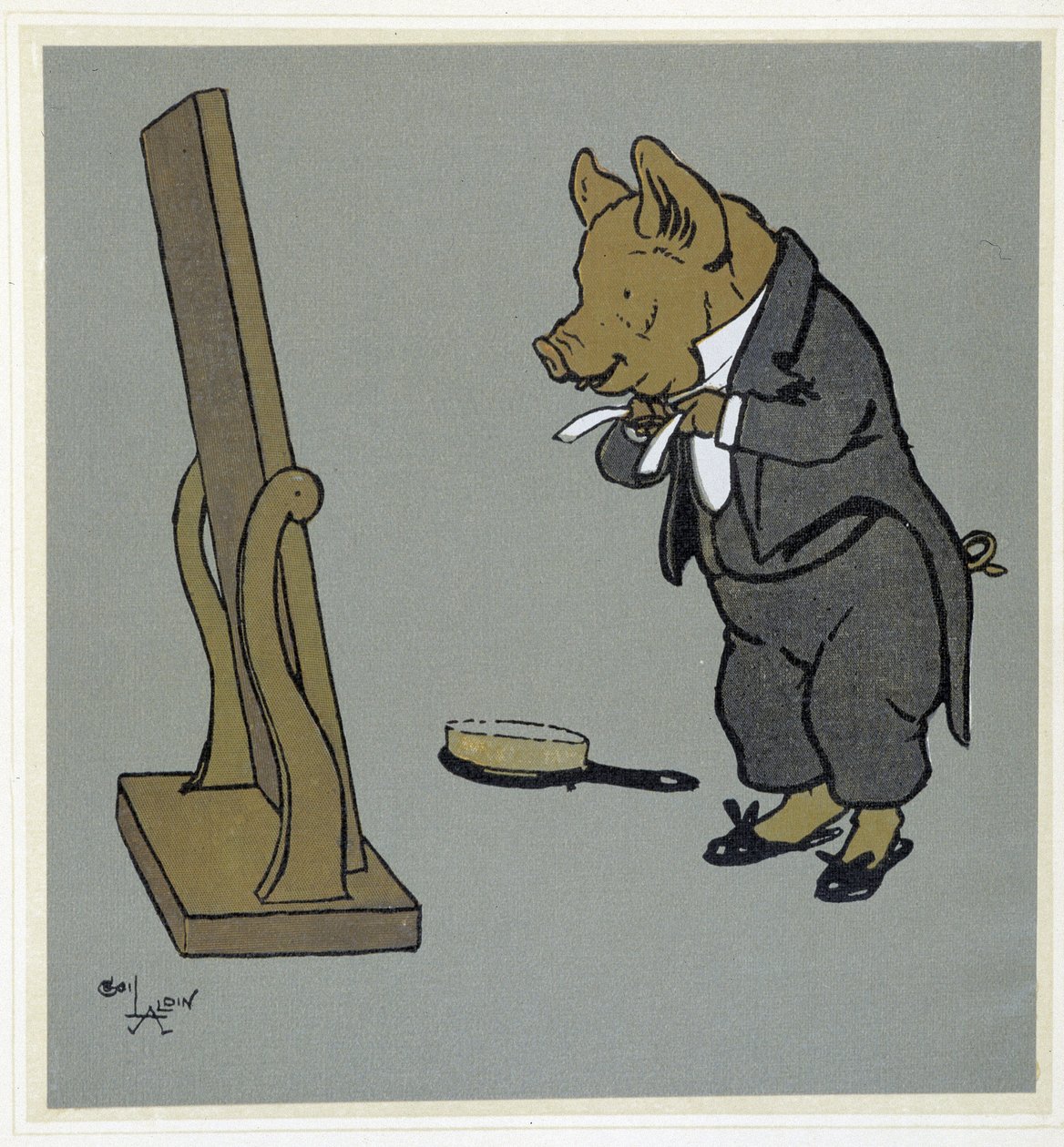 Pig se 梳理，调整子结 de tie devant un miroir - 在“快乐派对”中，生病了。 作者：塞西尔·奥尔丁，编辑。 霍德和斯托顿，伦敦 作者 塞西尔·查尔斯·温莎·奥尔丁