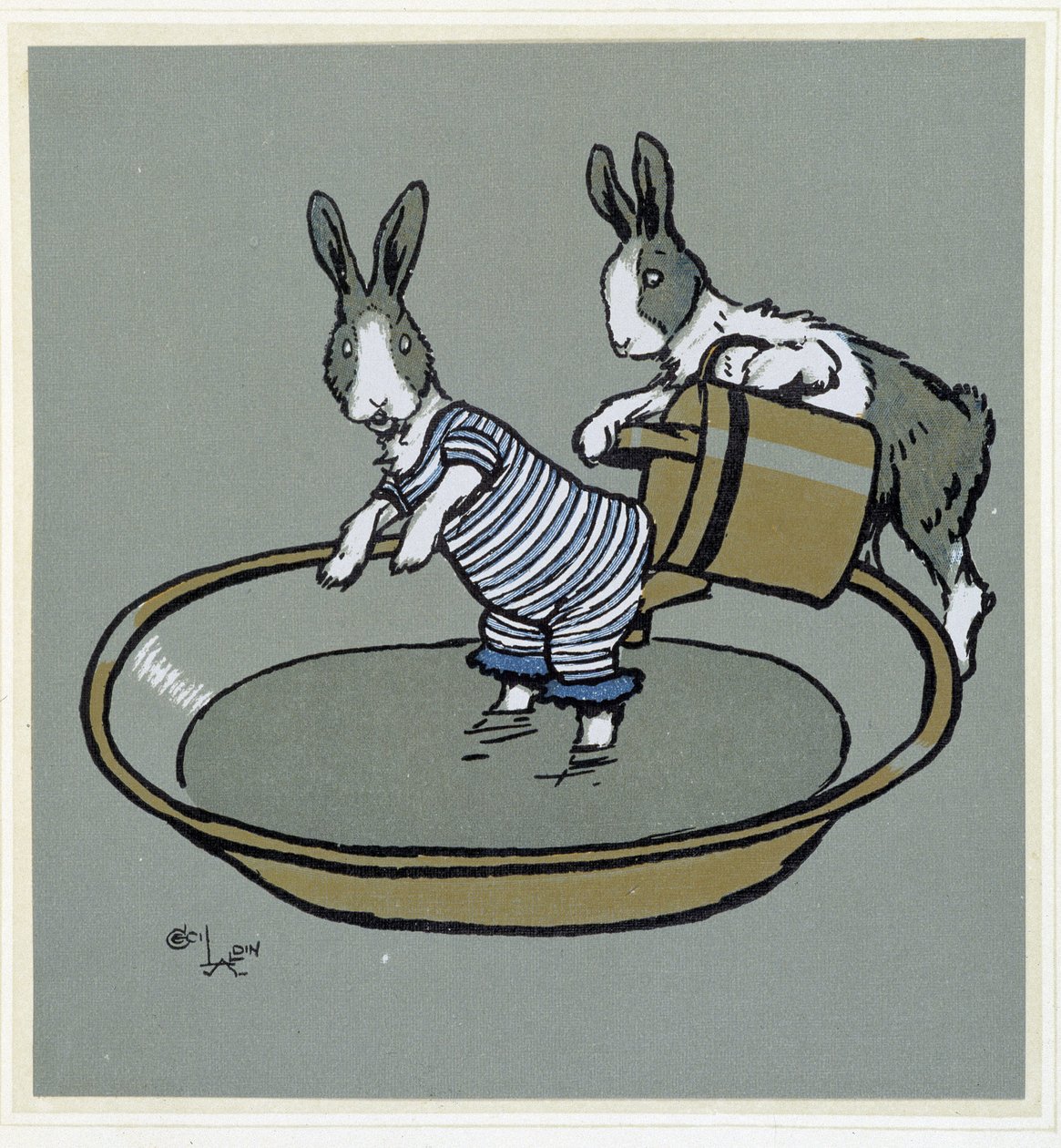 Rabbits prennant un bain - in “” Merry Party””, ill. by Cécil Aldin, ed. Hodder & Stoughton, London 作者 塞西尔·查尔斯·温莎·奥尔丁