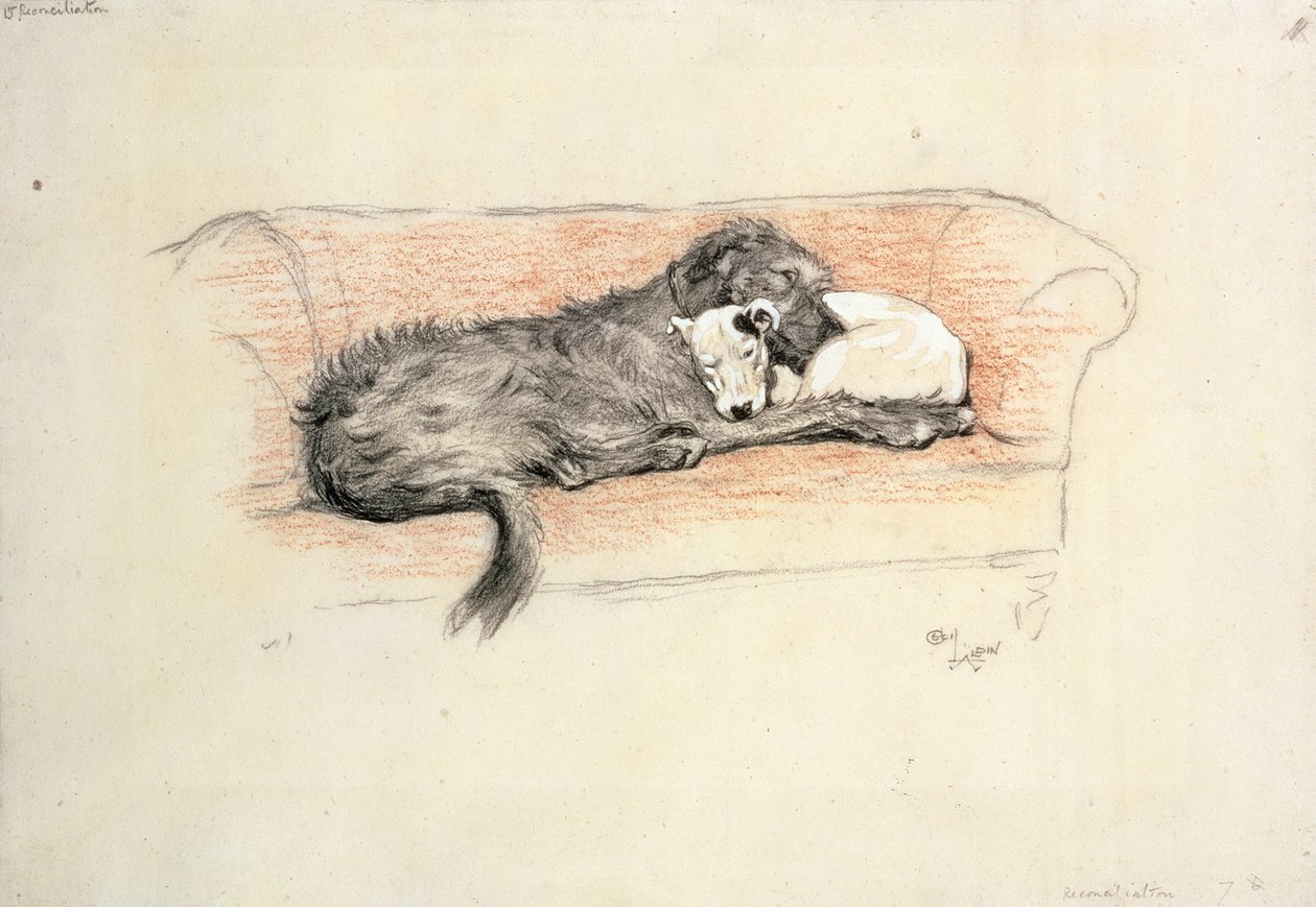 Reconciliation; Wolfhound and Bull Terrier Asleep in a Sofa (pastel on paper) 作者 塞西尔·查尔斯·温莎·奥尔丁