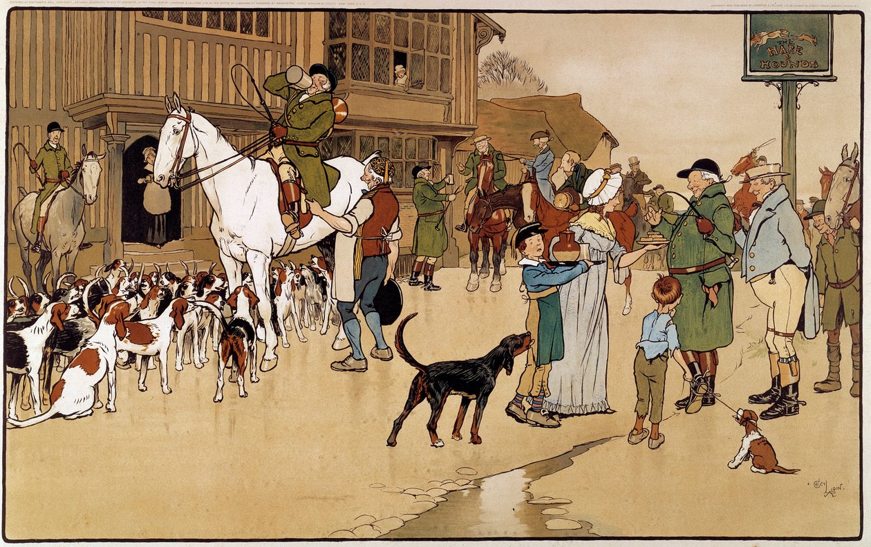 在猎兔期间停在旅馆。 塞西尔·奥尔丁（Cecil Aldin）的水彩画（1870-1935） 作者 塞西尔·查尔斯·温莎·奥尔丁