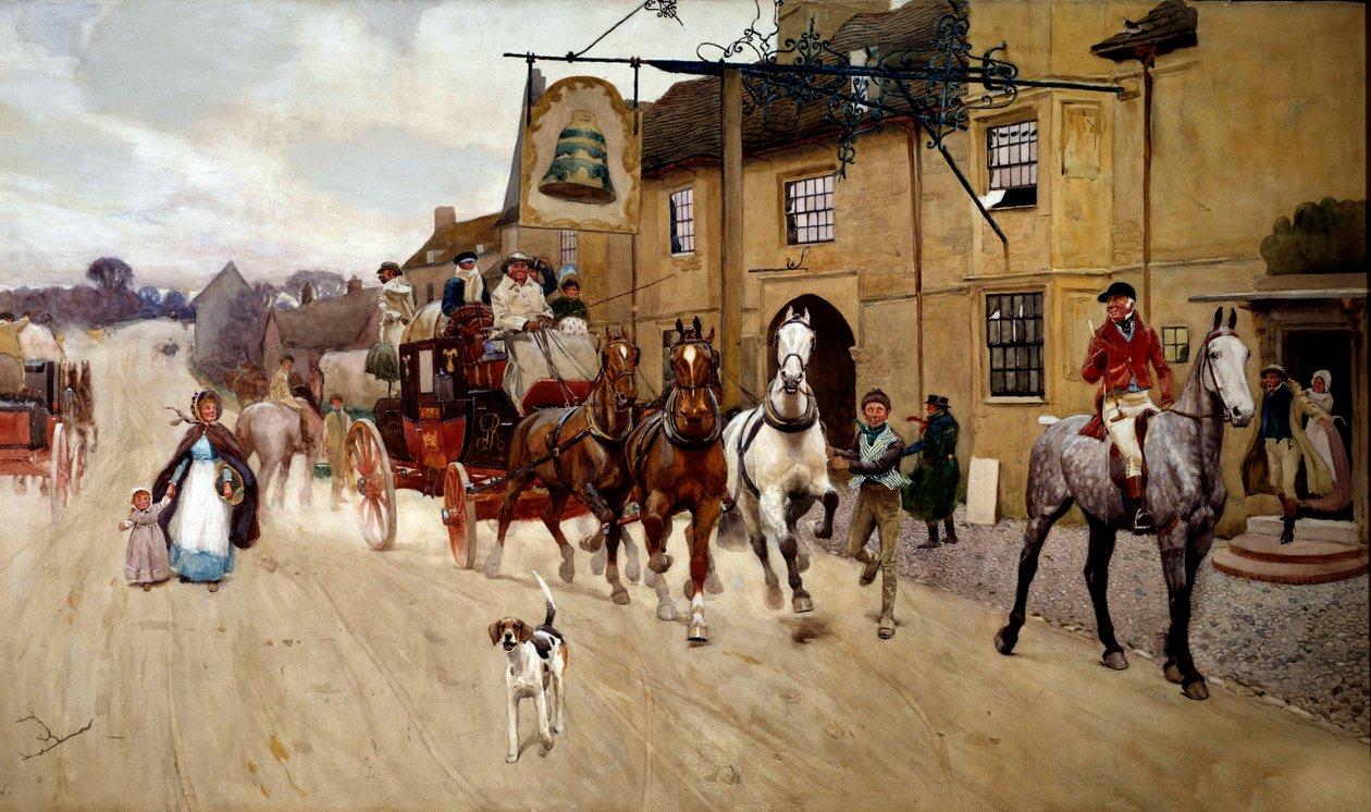 塞西尔·奥尔丁（Cecil Aldin，1870-1935）19 世纪私人收藏的斯蒂尔顿水彩画《停止在钟楼前的勤奋》 作者 塞西尔·查尔斯·温莎·奥尔丁