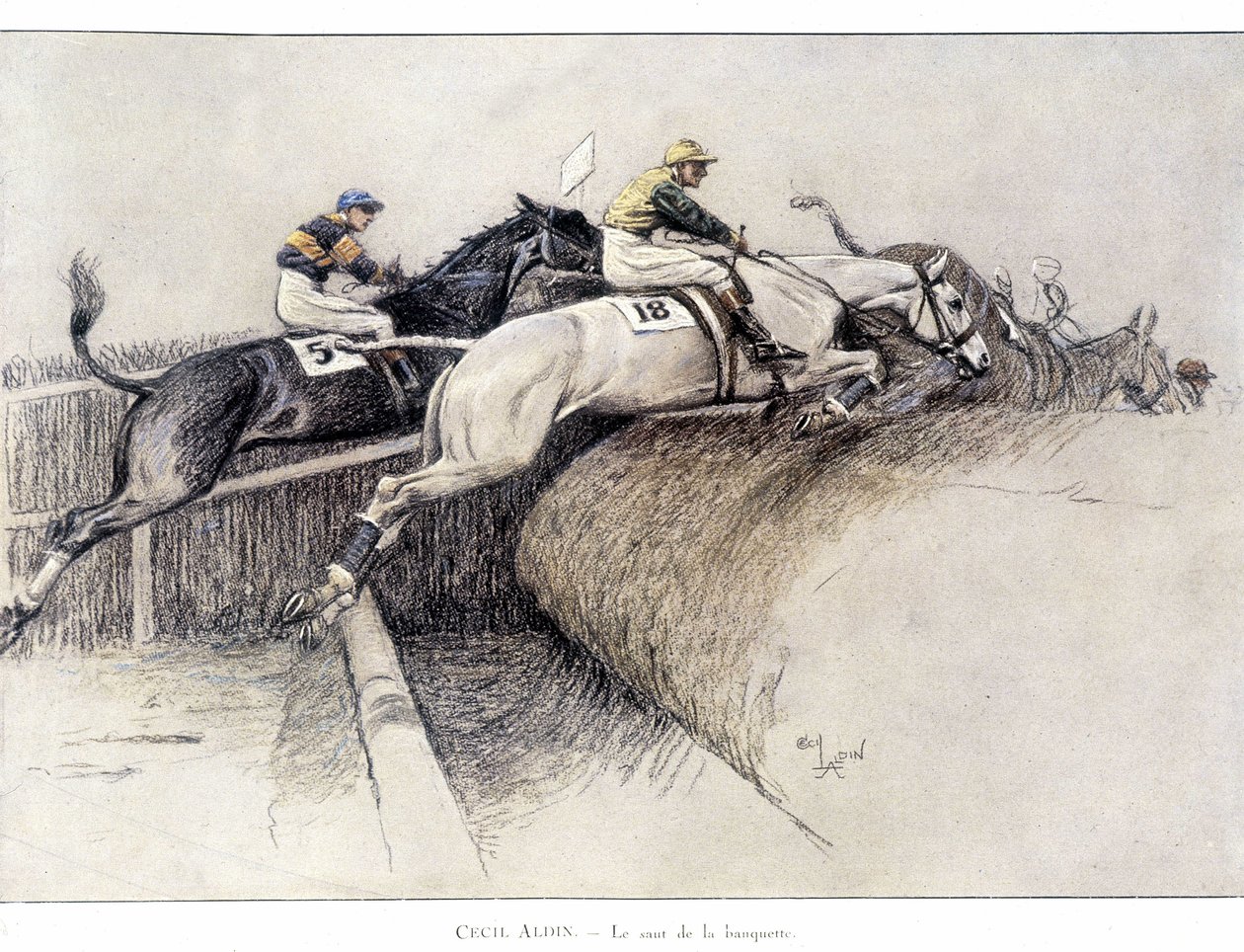 在利物浦举行的Grand National Steeple追逐赛：从板凳上跳下来--塞西尔-阿德林的绘画作品 作者 塞西尔·查尔斯·温莎·奥尔丁