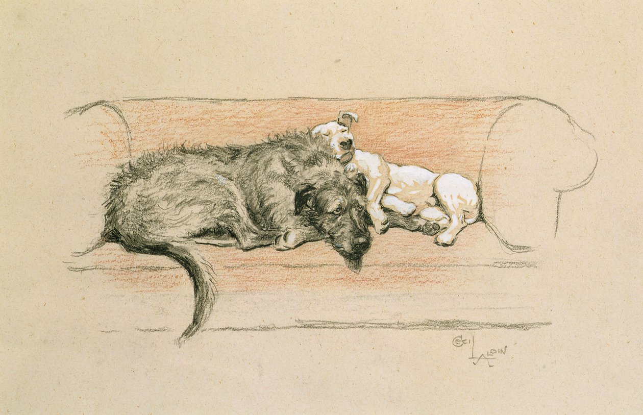 猎狼犬和斗牛梗睡在沙发上（纸上粉彩） 作者 塞西尔·查尔斯·温莎·奥尔丁