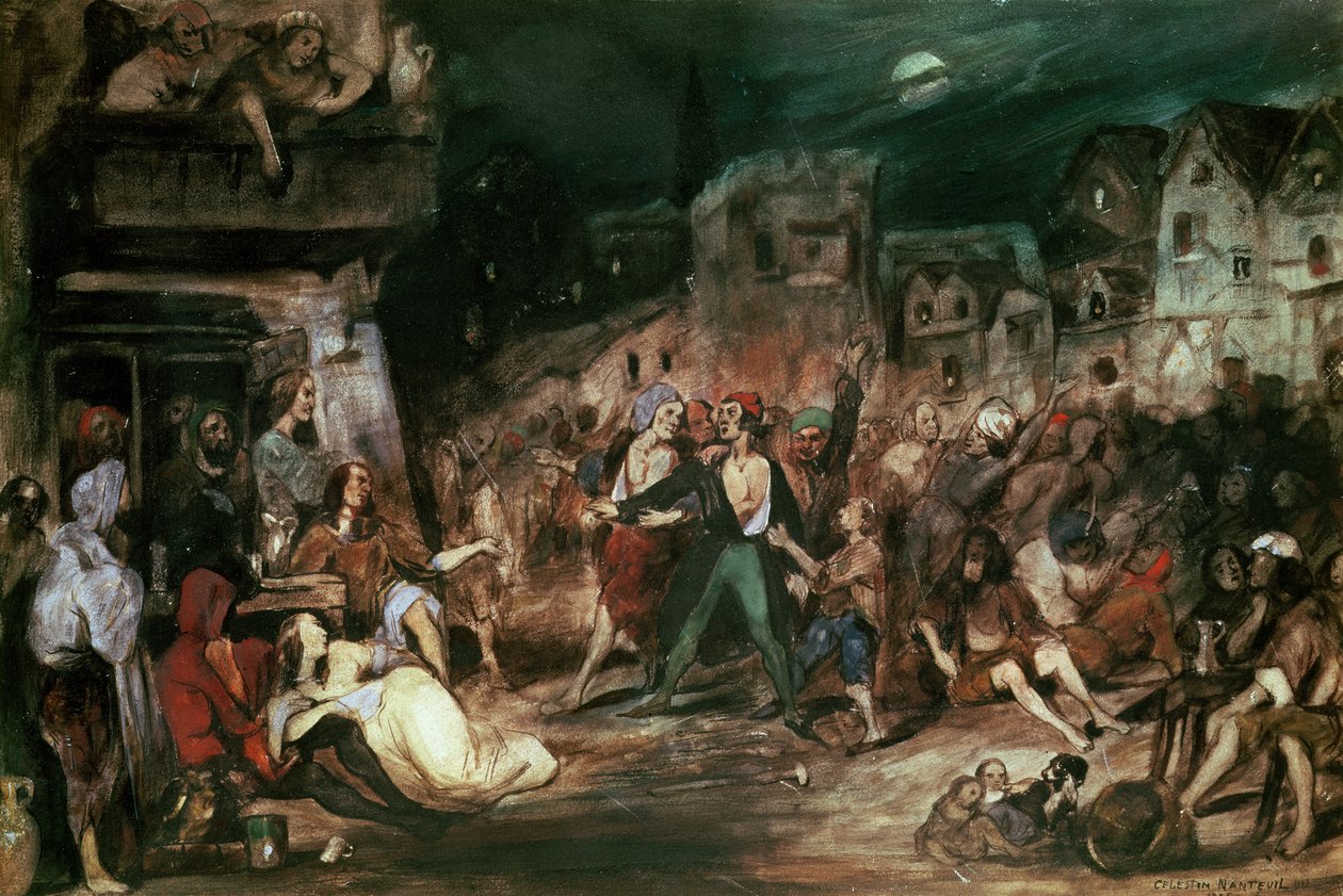 奇迹宫廷中的Gringoire，来自Victor Hugo的“巴黎圣母院的驼背”第六章的插图（1802-85）1835 作者 塞莱斯坦·弗朗索瓦·南特伊