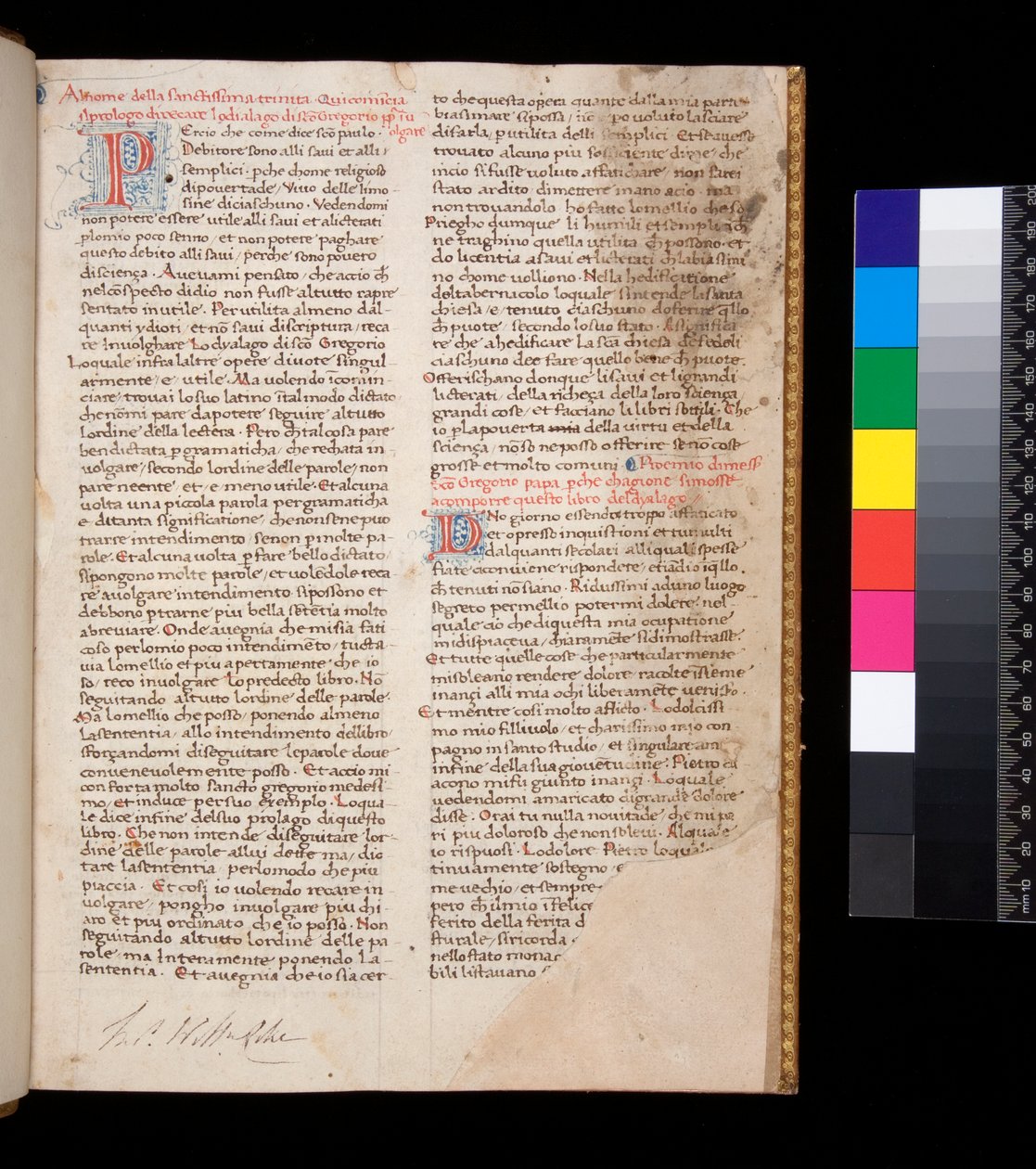 Ms 148. Gregory the Great, Dialogi 意大利语翻译。 by Domenico Cavalca, f.1r 红色装饰字母 [P] 和 [D]，蓝色钢笔装饰 作者 中央意大利学校