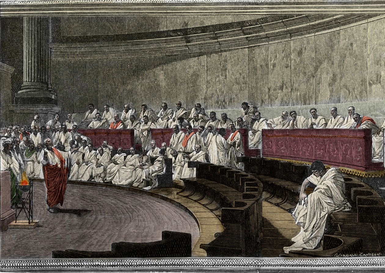 Ciceron denounces the conspirator Catilina (Lucius Sergius Catilina) (108-62 BC) on 8 November 63 BC, The scene deroule in Rome in the Senate, engraved after the fresco made between 1882 and 1888 by Cesare Maccari (1840-1919). Rome Palazzo Madama. 作者 切萨雷（后）马卡里