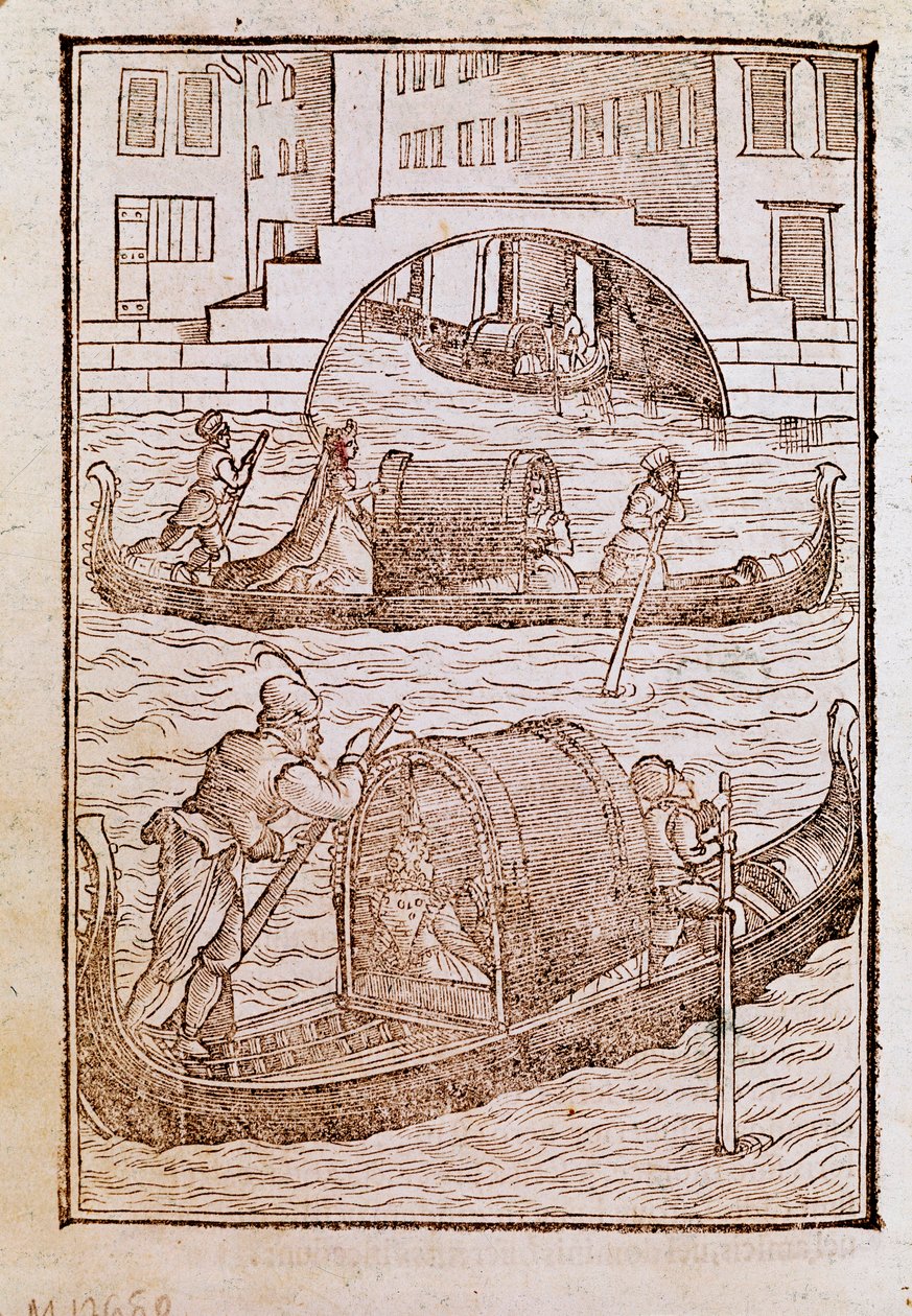 15 世纪威尼斯泻湖中的贡多拉 雕刻自 Cesare Vecellio (1521-1601) 1590 年威尼斯 Biblioteca Marciana 的“古代和现代服装” 作者 切萨雷（后）维切利奥