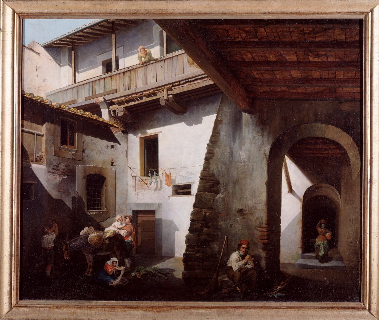 Peasants in the courtyard of an inn (Italian peasants in a inn court) Painting by Cesare Coghetti (active between 1859 and 1881) 1863 Dim 70x85 cm Genes, Galleria d