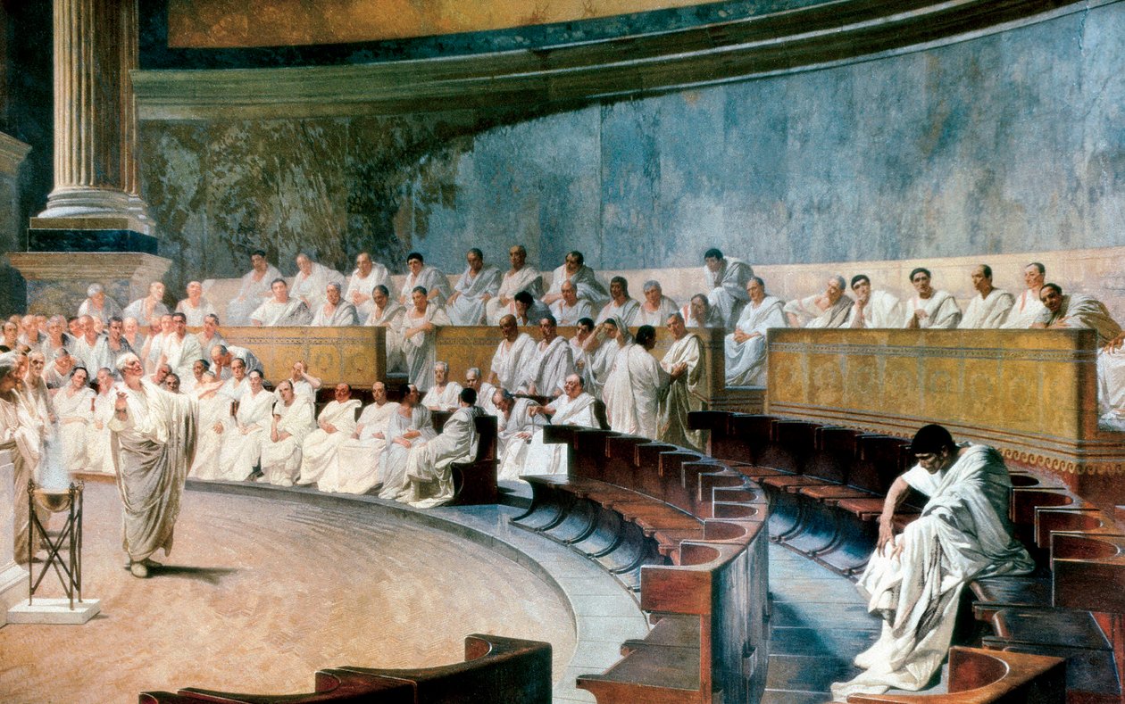 西塞罗·马索·卡蒂琳娜（Cicero maso Catilina）拍摄于公元前63年11月8日，现场发生在参议院的罗马，壁画由塞萨尔·麦卡里（Cesare Maccari）在1882年至1888年之间制作 作者 凯撒马卡里