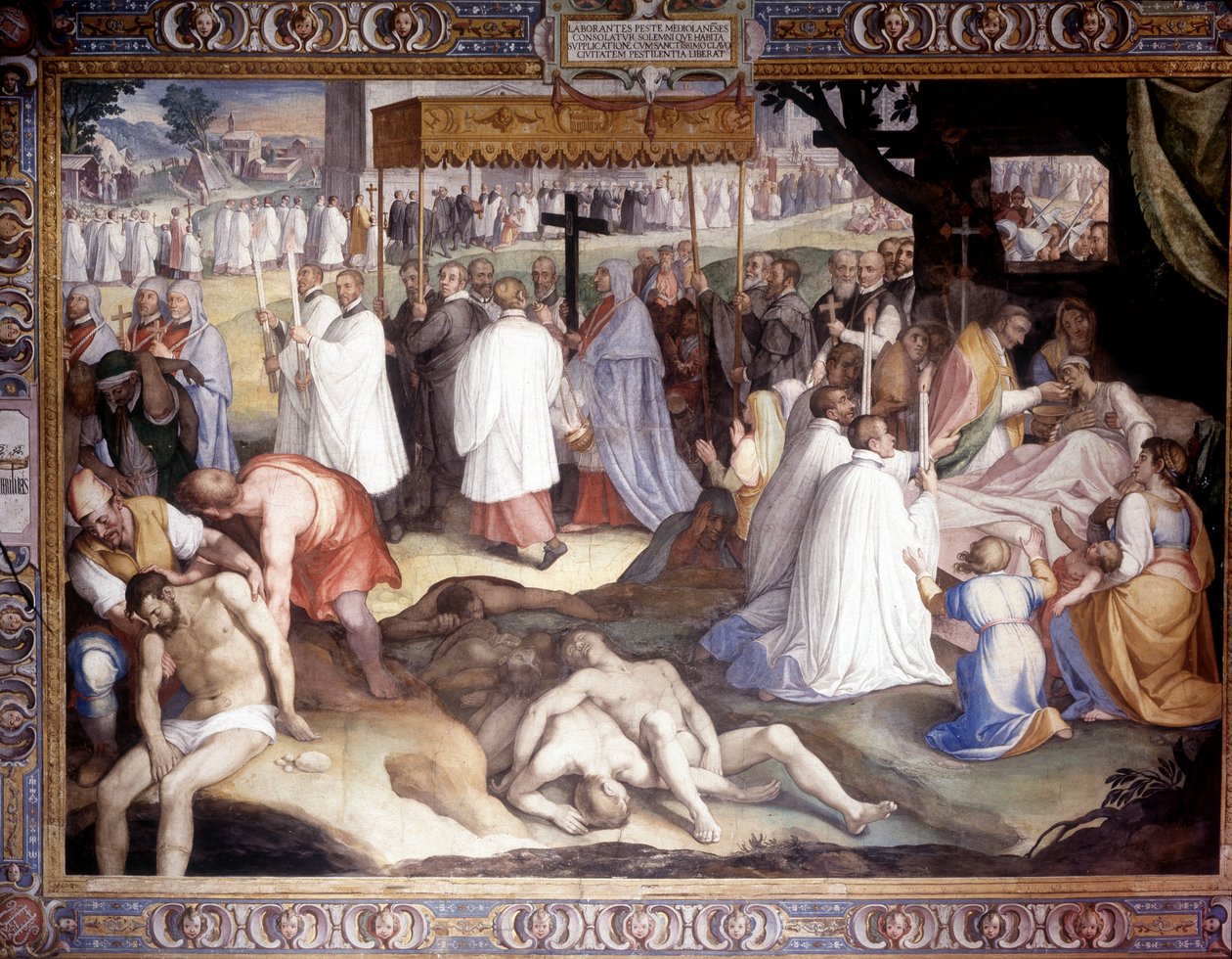 米兰瘟疫：圣查尔斯博罗梅奥 (San Carlo Borromeo) (1538 - 1584) 与垂死的人交流。 帕维亚博罗梅奥学院 Carlo Nebbia 的壁画。 16世纪 作者 塞萨尔·内比亚（Cesare Nebbia）