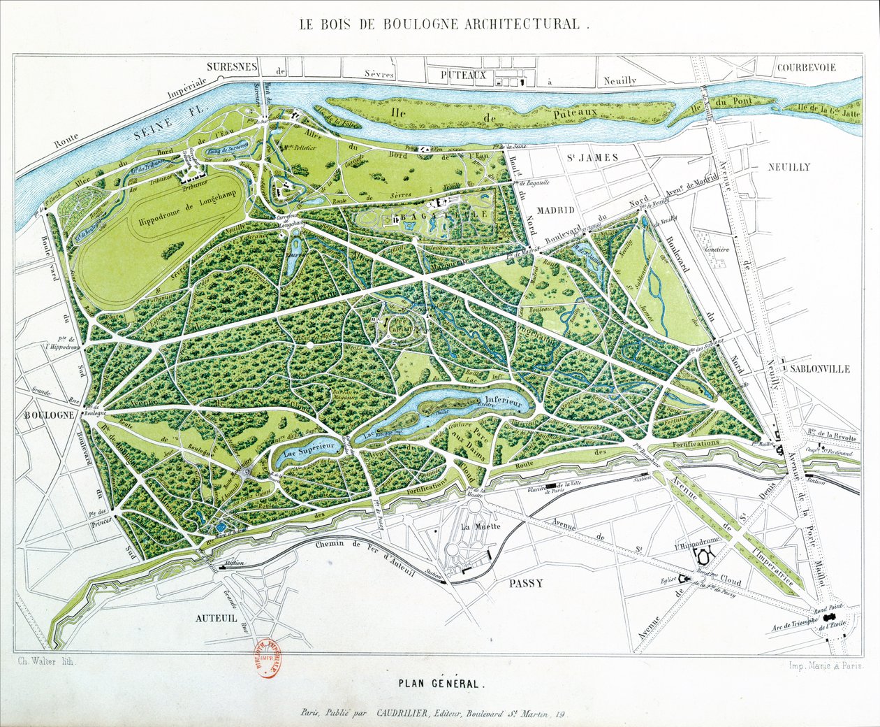 巴黎Bois de Boulogne的计划，由Caudrilier出版，1860年 作者 瓦尔特