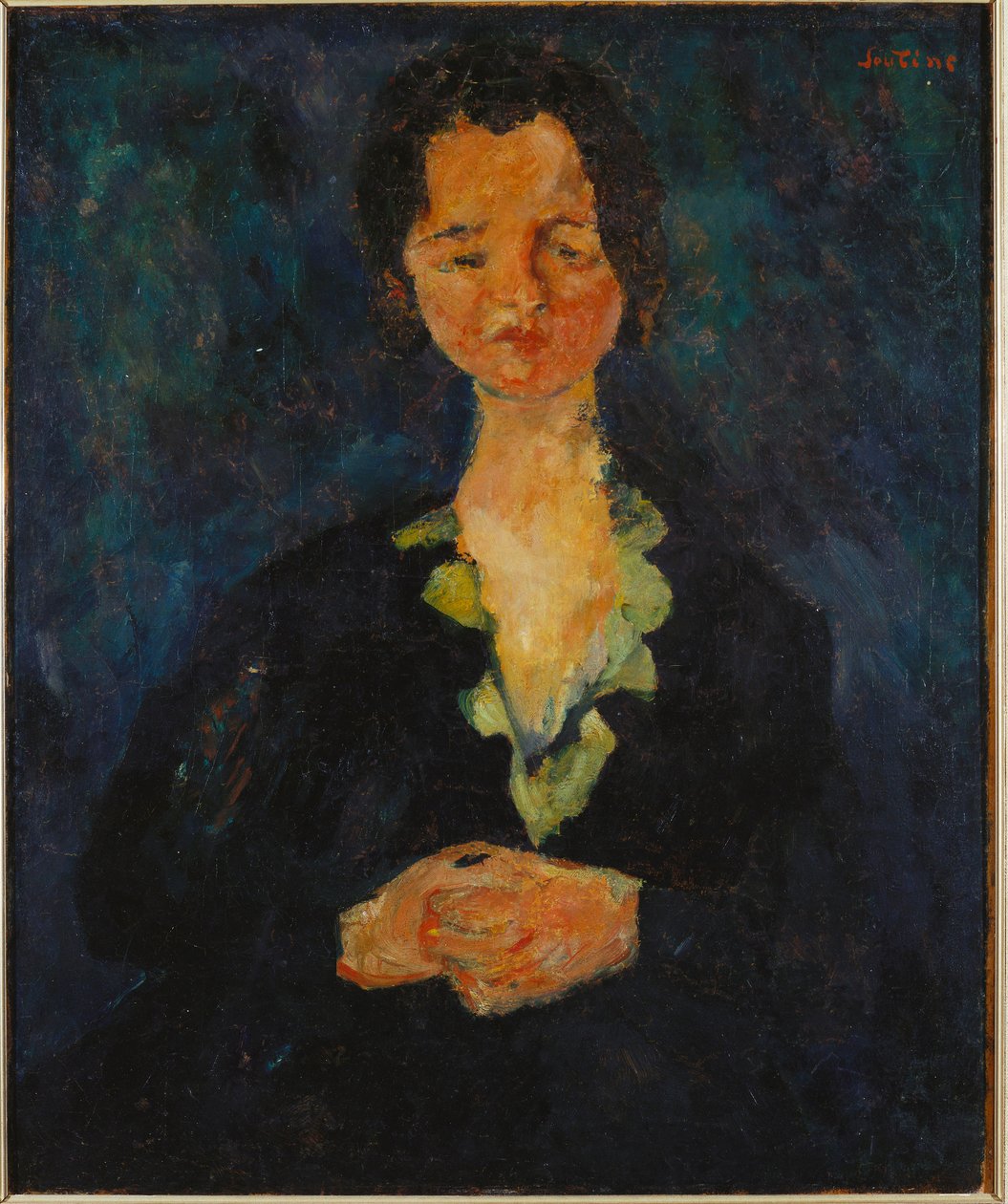 蓝色背景的女人的画像，1927年 作者 Chaim Soutine