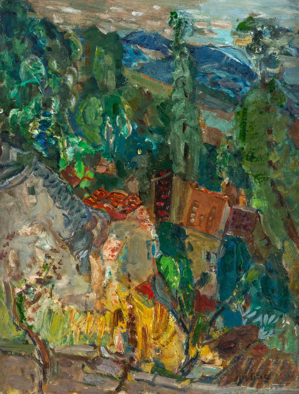有柏树的城镇景观，法国南部，20世纪20年代至30年代。 作者 Chaim Soutine