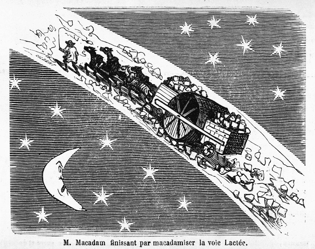 苏格兰工程师MacAdam（1756-1838）关于街道石料覆盖的漫画。"马卡丹先生以铺设银河的方式结束"--载于 "Charivarique专辑"，由Cham绘制。 作者 Amedee de Noe (占婆)