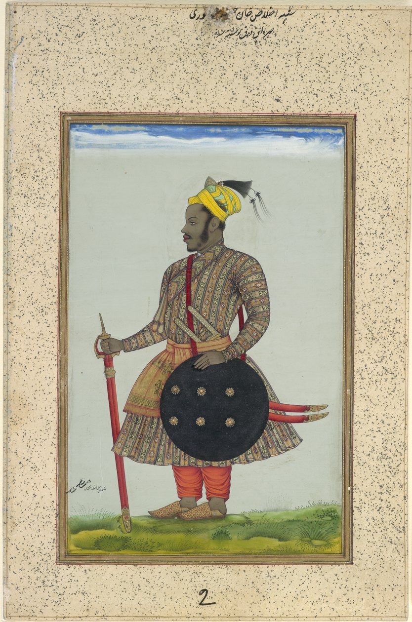 Ikhlas Khan，一名为 "阿迪勒沙希王朝 "服务的阿比西尼亚军官，约 1640 年（纸面金粉水彩画） 作者 钱德·穆罕默德