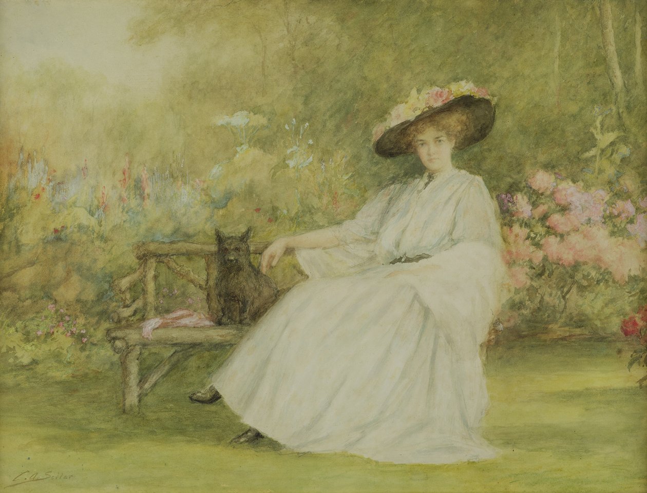 女士和她的狗在Corsham Court，c.1914（铅笔，wc和水粉在纸上） 作者 查尔斯·塞拉（Charles A. Sellar）