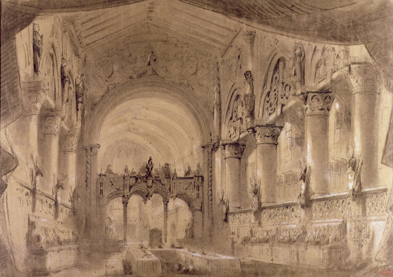 由朱塞佩·威尔第（1813-1901）在剧院Lyrique，Chatelet，1865年演出歌剧“麦克白”的第二幕设计 作者 查尔斯·安托万·康本