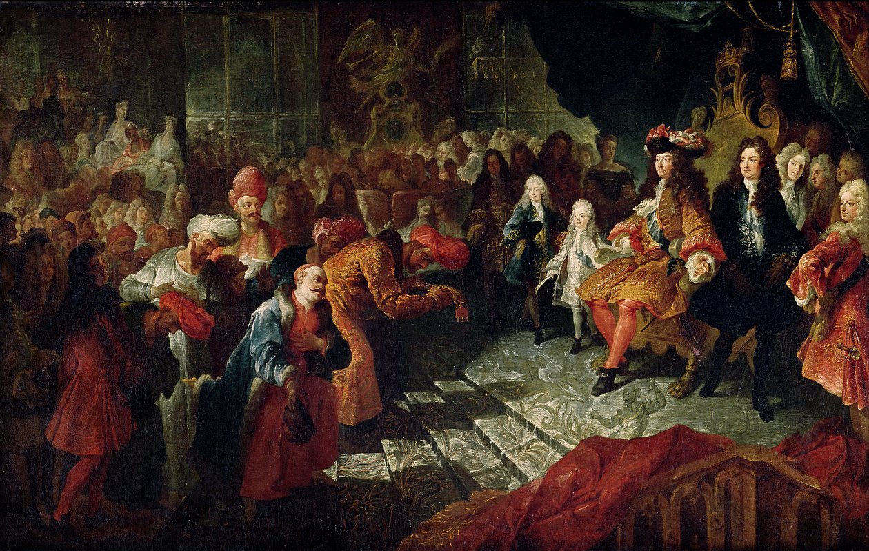 路易十四（1638-1715）于1715年2月19日在凡尔赛宫的Galerie des Glaces接待波斯大使Mohammed Reza Beg 作者 查尔斯·安托万·科佩尔